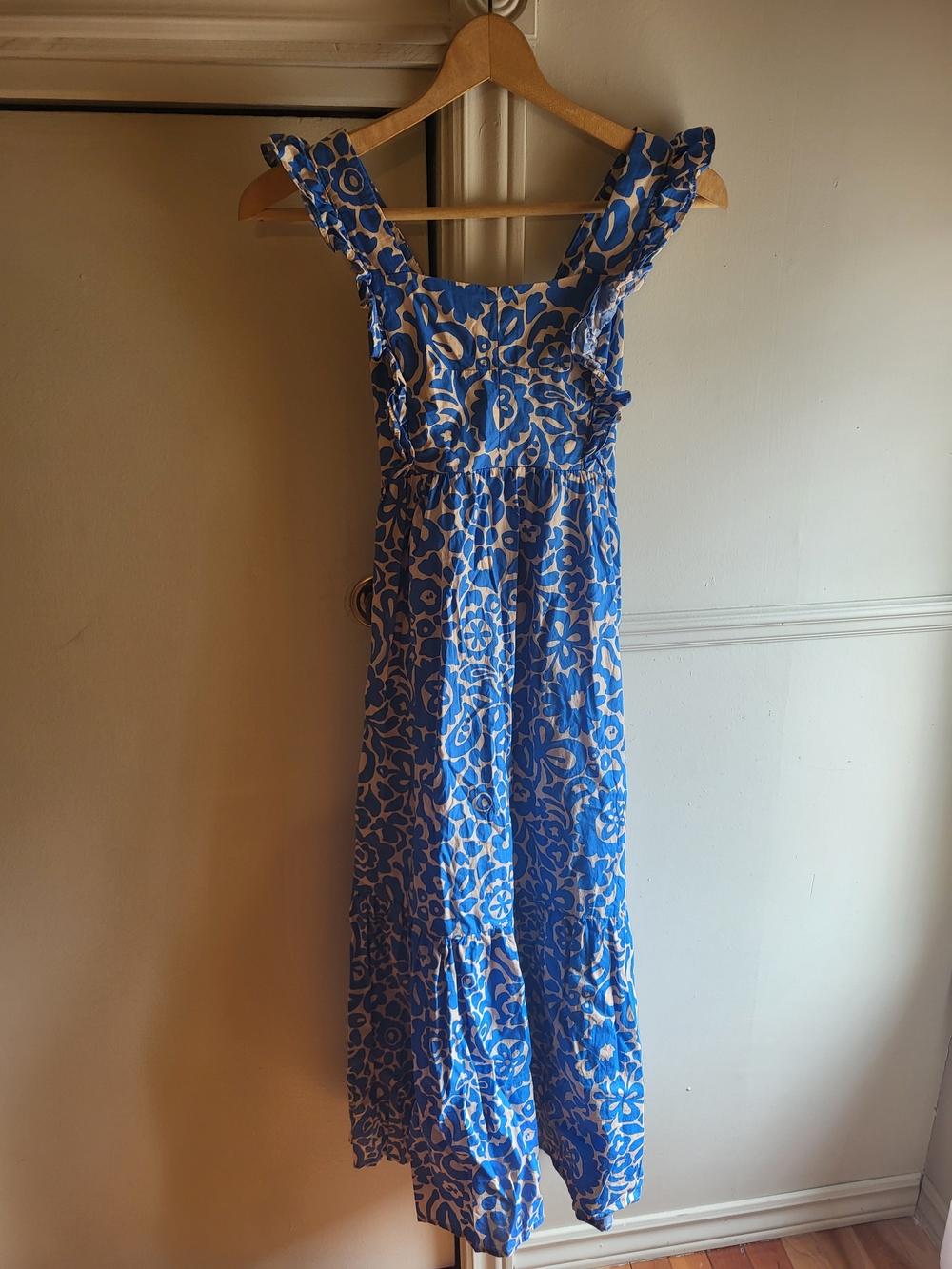 Blue and Beige Cottagecore Floral Ruffle Strap Maxi Dress